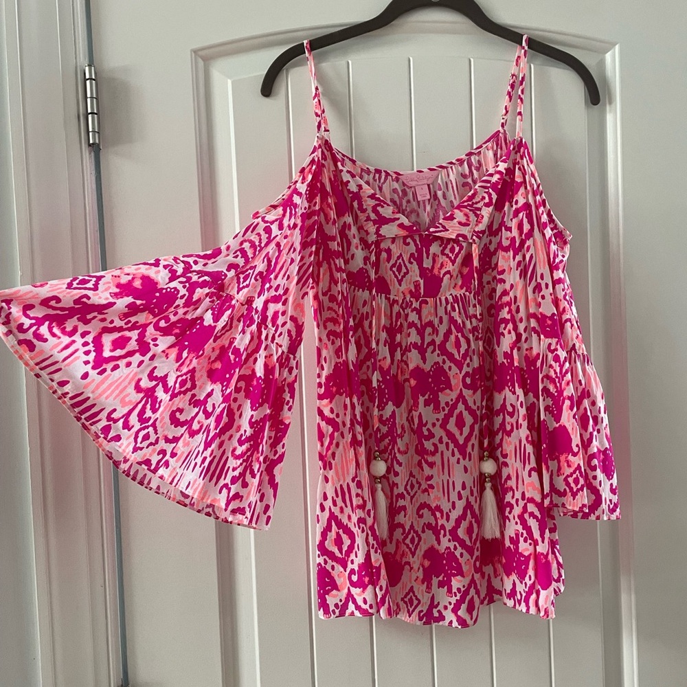 NWOT Lilly Pulitzer off the shoulder tasseled pink top, size small